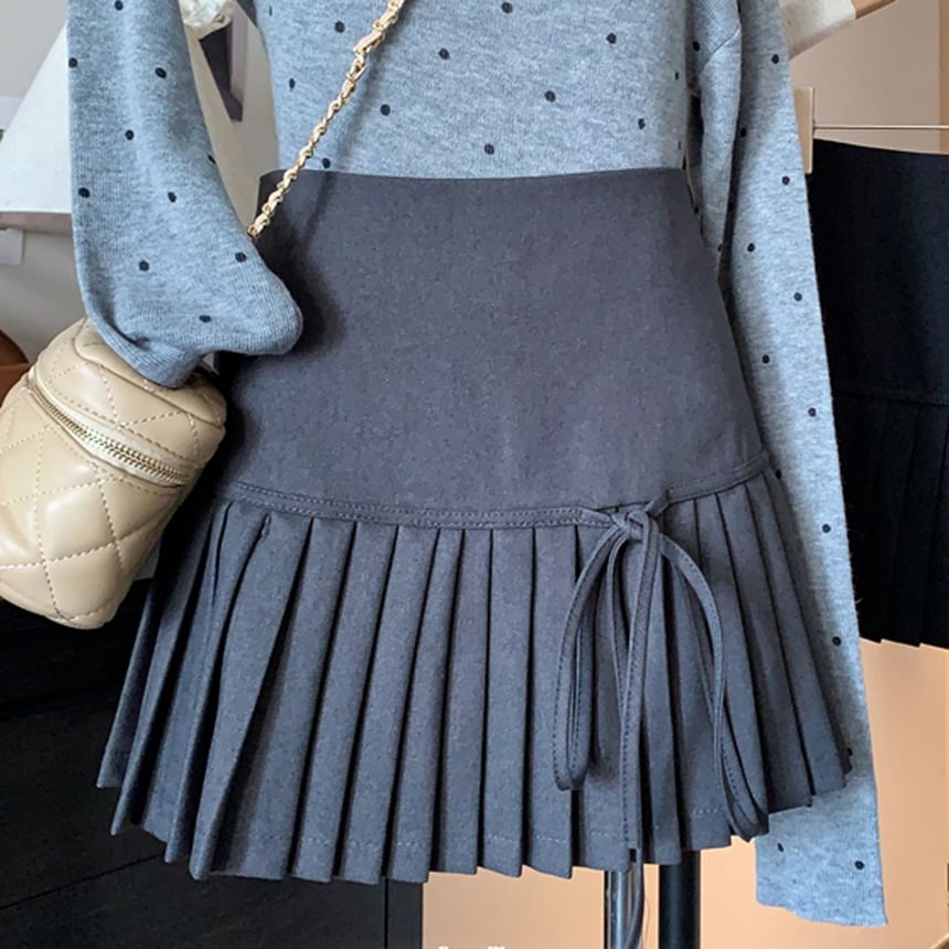High Waist Plain Bow Accent Pleated Mini A-Line Skirt