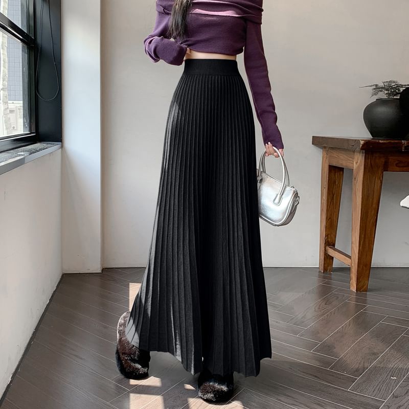 High Rise Plain Maxi A-Line Knit Skirt