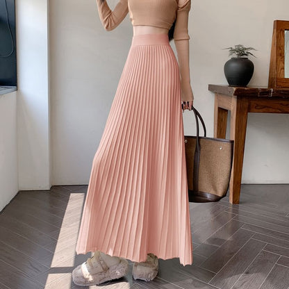 High Rise Plain Maxi A-Line Knit Skirt