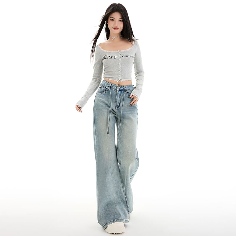 Mid Rise Washed Wide Leg Jeans (Various Designs)