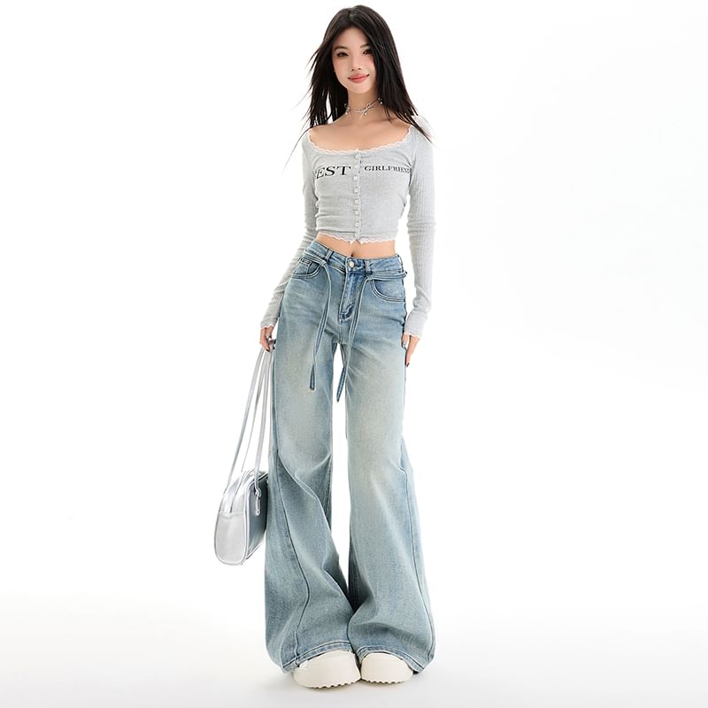 Mid Rise Washed Wide Leg Jeans (Various Designs)