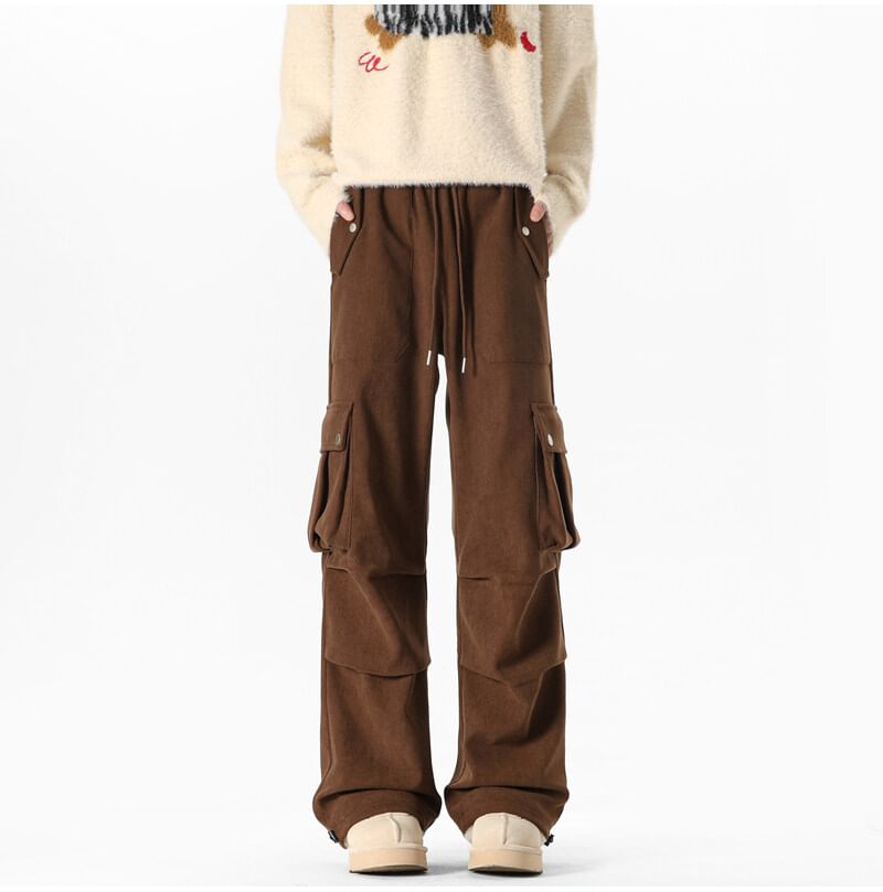 Mid Rise Corduroy Wide Leg Cargo Pants
