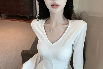 Slim Fit Slit T-Shirt V-Neck Long-Sleeve Plain