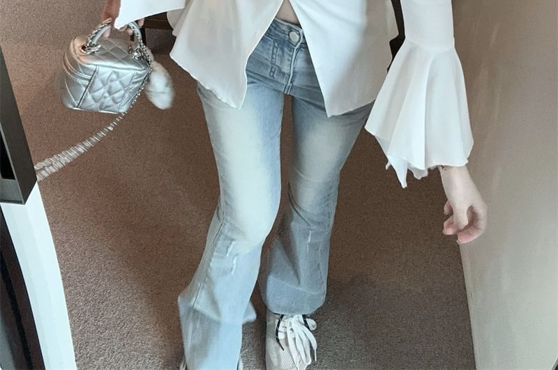 Slim Fit Slit T-Shirt V-Neck Long-Sleeve Plain