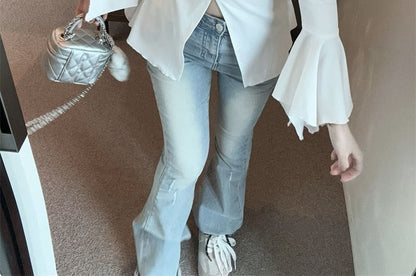 Slim Fit Slit T-Shirt V-Neck Long-Sleeve Plain