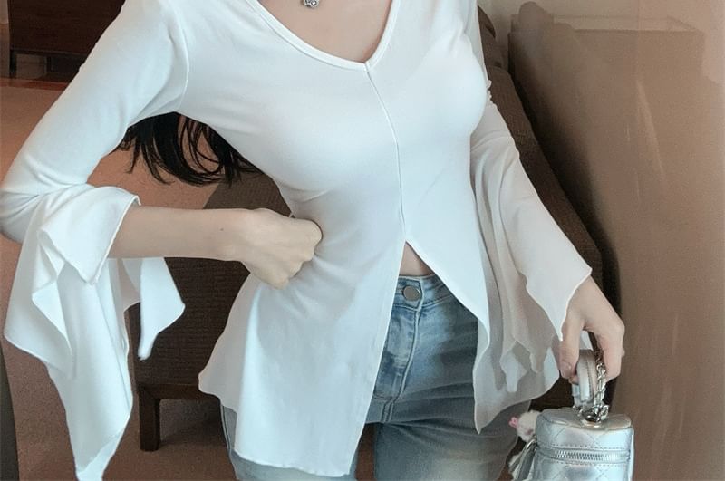 Slim Fit Slit T-Shirt V-Neck Long-Sleeve Plain