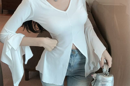 Slim Fit Slit T-Shirt V-Neck Long-Sleeve Plain