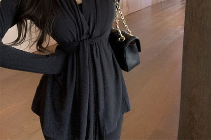 Shawl Tie Plain Waist Cardigan Collar