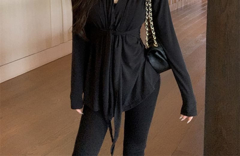 Shawl Tie Plain Waist Cardigan Collar