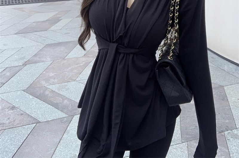 Shawl Tie Plain Waist Cardigan Collar