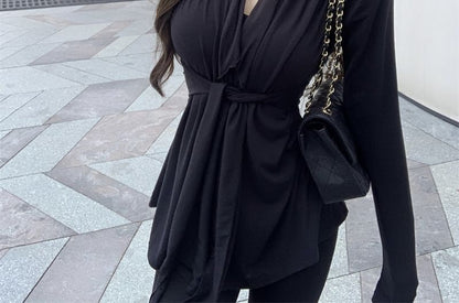 Shawl Tie Plain Waist Cardigan Collar