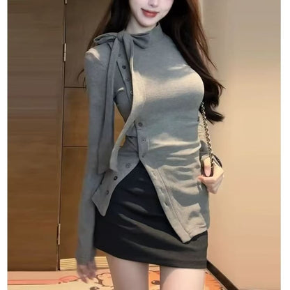 Button-Up Plain T-Shirt Asymmetrical Stand Collar Long-Sleeve