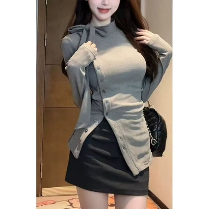 Button-Up Plain T-Shirt Asymmetrical Stand Collar Long-Sleeve