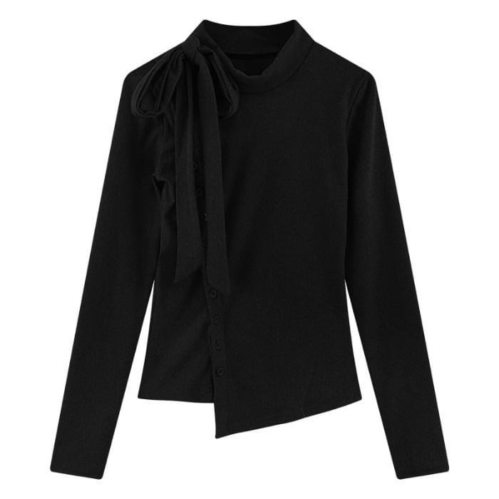 Button-Up Plain T-Shirt Asymmetrical Stand Collar Long-Sleeve