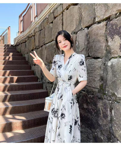 Floral V-Neck Print A-Line Midi Elbow-Sleeve Dress