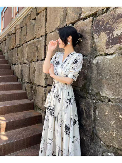 Floral V-Neck Print A-Line Midi Elbow-Sleeve Dress