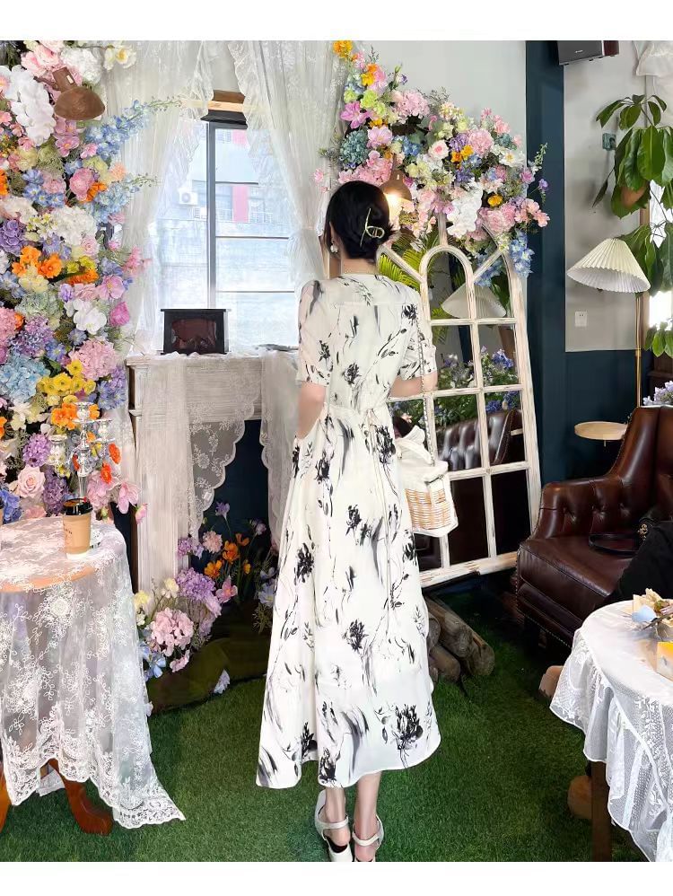 Floral V-Neck Print A-Line Midi Elbow-Sleeve Dress