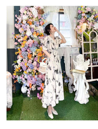 Floral V-Neck Print A-Line Midi Elbow-Sleeve Dress