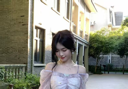 Long-Sleeve Cold Shoulder Tie Dye Butterfly Accent Ruffle Trim Maxi A-Line Dress