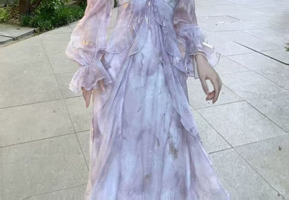 Long-Sleeve Cold Shoulder Tie Dye Butterfly Accent Ruffle Trim Maxi A-Line Dress