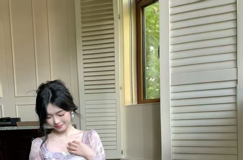 Long-Sleeve Cold Shoulder Tie Dye Butterfly Accent Ruffle Trim Maxi A-Line Dress