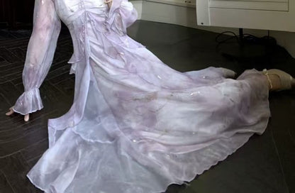 Long-Sleeve Cold Shoulder Tie Dye Butterfly Accent Ruffle Trim Maxi A-Line Dress