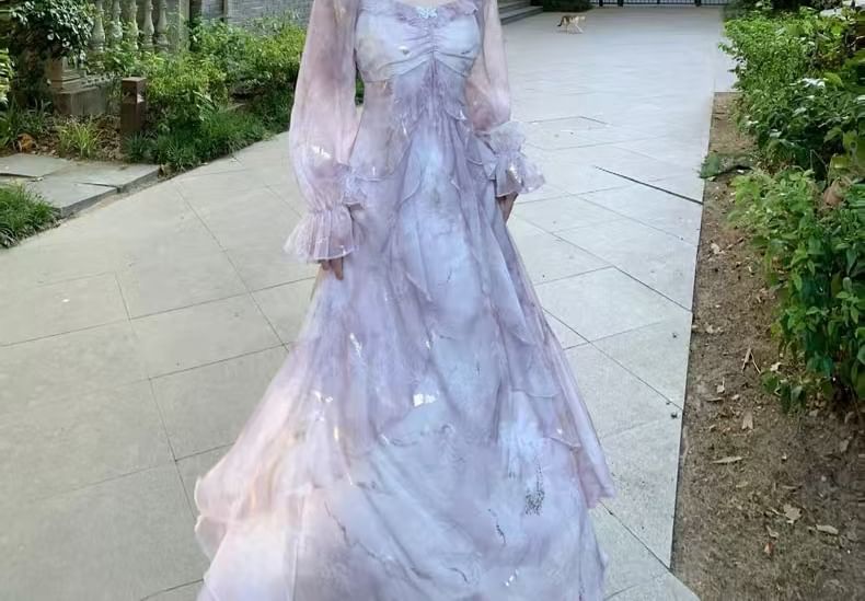 Long-Sleeve Cold Shoulder Tie Dye Butterfly Accent Ruffle Trim Maxi A-Line Dress