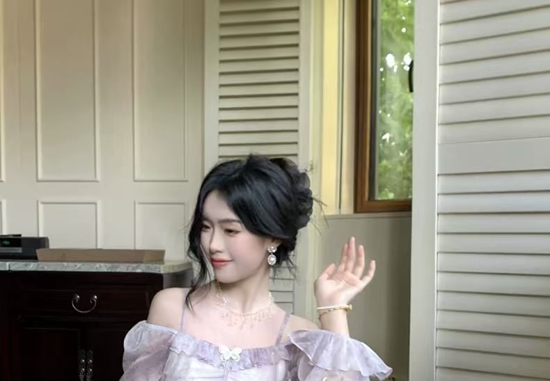 Long-Sleeve Cold Shoulder Tie Dye Butterfly Accent Ruffle Trim Maxi A-Line Dress