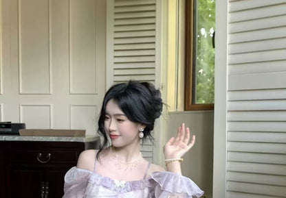 Long-Sleeve Cold Shoulder Tie Dye Butterfly Accent Ruffle Trim Maxi A-Line Dress