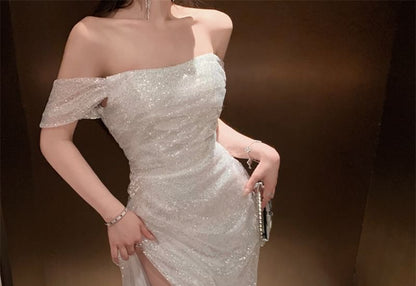 Off-The-Shoulder Plain Lace Slit Maxi Evening Gown