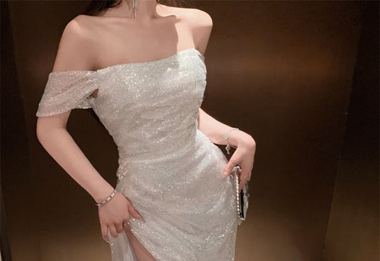 Off-The-Shoulder Plain Lace Slit Maxi Evening Gown