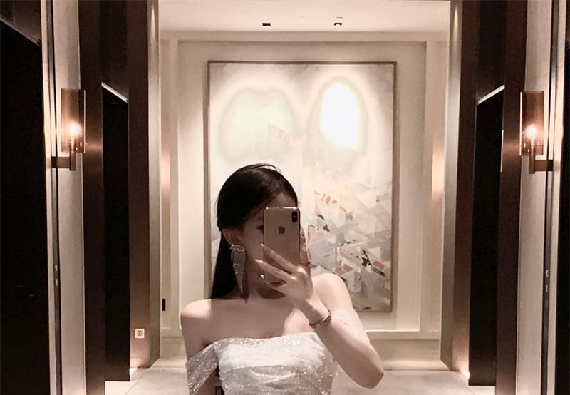 Off-The-Shoulder Plain Lace Slit Maxi Evening Gown