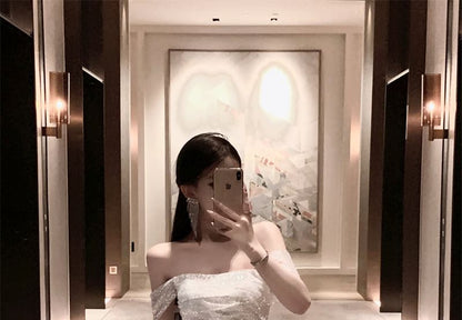 Off-The-Shoulder Plain Lace Slit Maxi Evening Gown