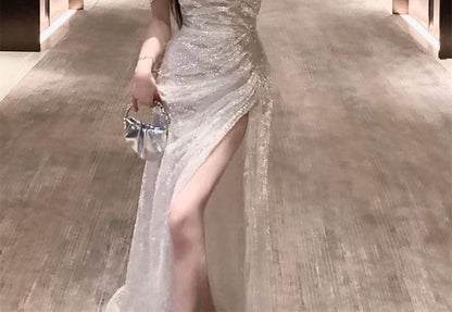 Off-The-Shoulder Plain Lace Slit Maxi Evening Gown