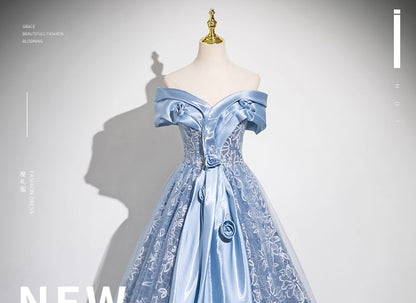 Embroidered Panel A-Line Off-Shoulder Gown Ball Mesh Flower