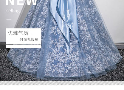 Off-Shoulder Flower Embroidered Mesh Panel A-Line Ball Gown