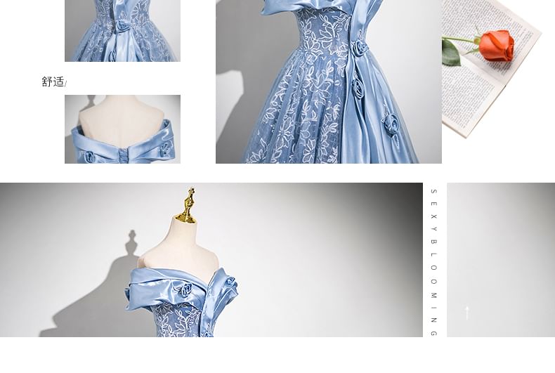 Off-Shoulder Flower Embroidered Mesh Panel A-Line Ball Gown