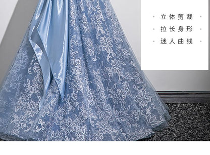 Embroidered Panel A-Line Off-Shoulder Gown Ball Mesh Flower