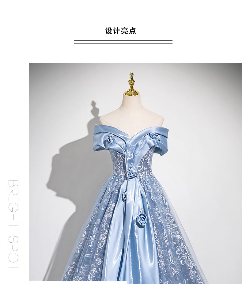 Embroidered Panel A-Line Off-Shoulder Gown Ball Mesh Flower