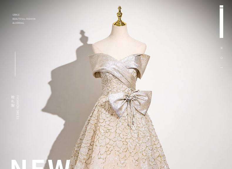 Strapless Patterned Sequin A-Line Ball Gown