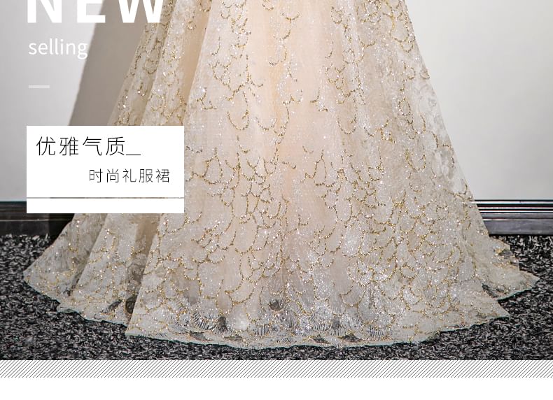 Strapless Patterned Sequin A-Line Ball Gown