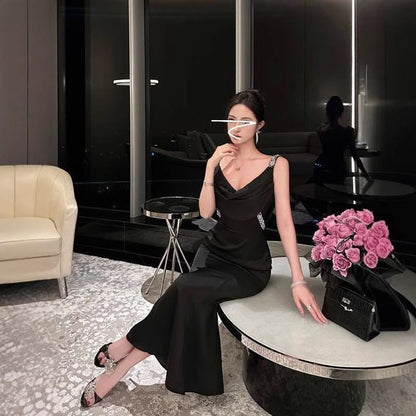 Scoop Mermaid Evening Sleeveless Rhinestone Plain Backless Neck Gown