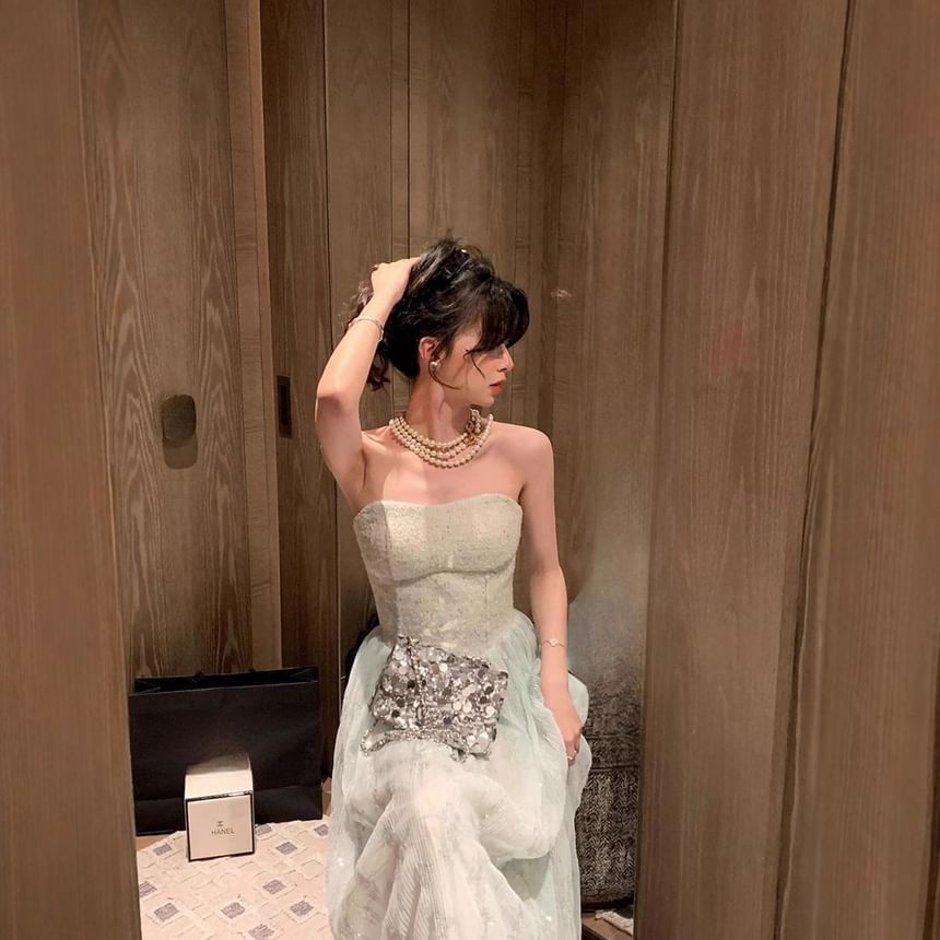 Strapless Sequined Tulle A-Line Floor-Length Dress