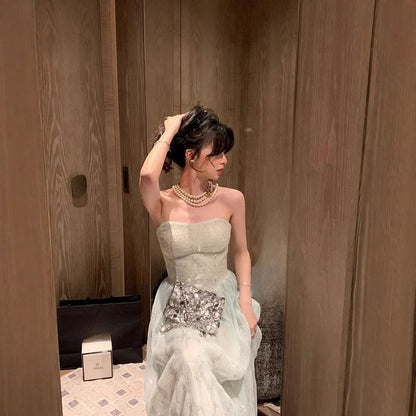 Strapless Sequined Tulle A-Line Floor-Length Dress