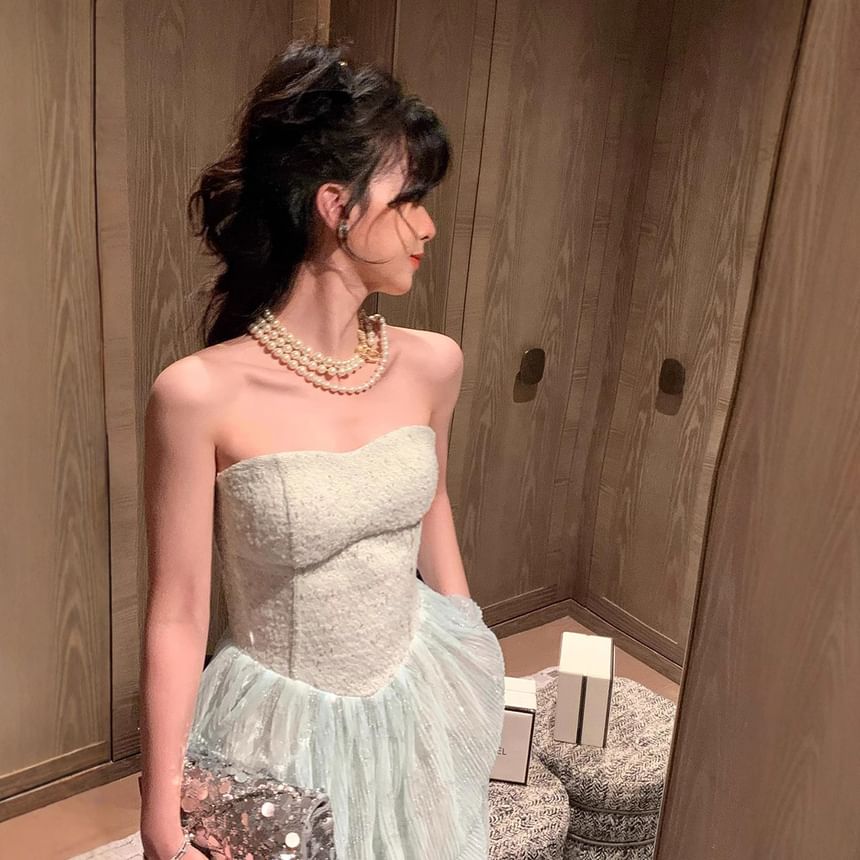 Strapless Sequined Tulle A-Line Floor-Length Dress