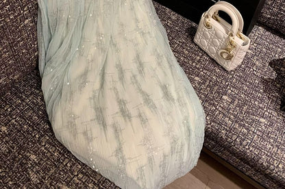 Strapless Sequined Tulle A-Line Floor-Length Dress