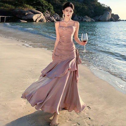 Spaghetti Strap Plain Ruched Panel A-Line Evening Dress