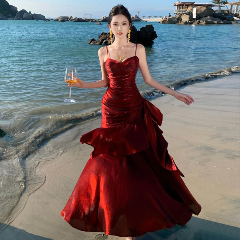 Spaghetti Strap Plain Ruched Panel A-Line Evening Dress