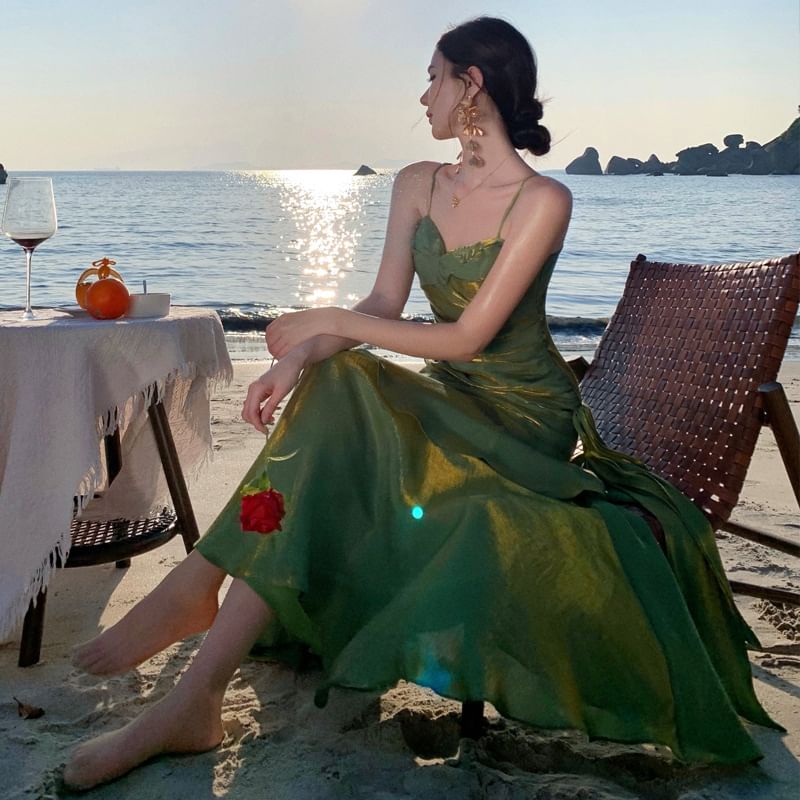 Spaghetti Strap Plain Ruched Panel A-Line Evening Dress