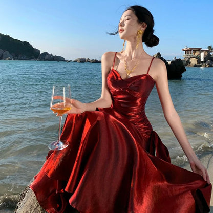 Spaghetti Strap Plain Ruched Panel A-Line Evening Dress